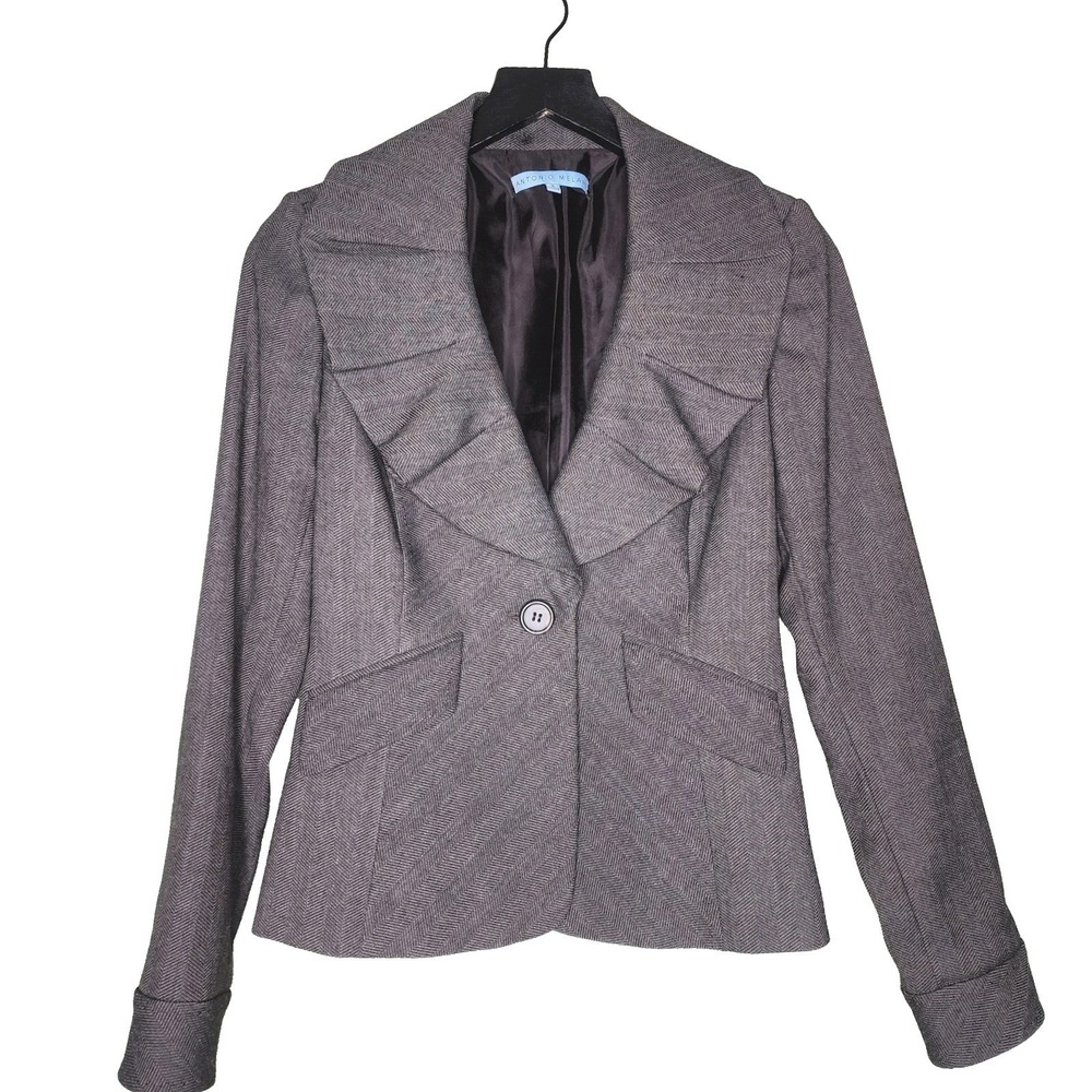 Antonio‎ Melani Womens Grey Purple Herringbone Ruffle Lapel Blazer Jacket Size 2